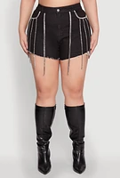Womens Plus Daisy Rhinestone Trim Fringe Denim Shorts, Black,