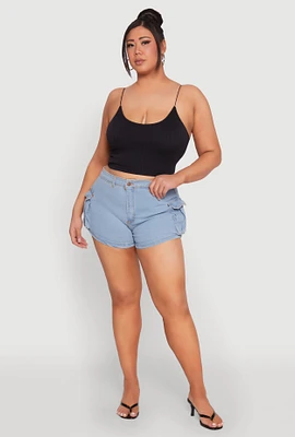 Womens Plus Size Daisy Denim Cargo Shorts, Blue, Size 2X