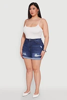 Womens Plus WAX Distressed Shorts, Blue,