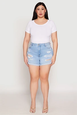 Womens Plus Size WAX Distressed Denim Mom Shorts, Blue, Size 2X