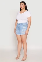 Womens Plus WAX Distressed Denim Mom Shorts, Blue,