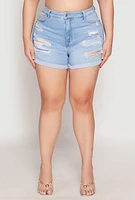 Womens Plus WAX Distressed Denim Mom Shorts, Blue,