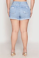 Womens Plus WAX Distressed Denim Mom Shorts, Blue,