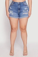 Womens Plus WAX Distressed Denim Mom Shorts, Blue,