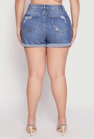 Womens Plus WAX Distressed Denim Mom Shorts, Blue,