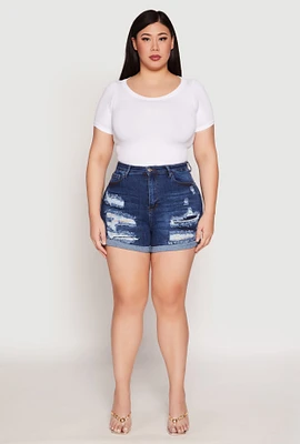 Womens Plus WAX Distressed Denim Mom Shorts, Blue,