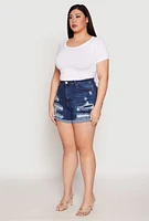 Womens Plus WAX Distressed Denim Mom Shorts, Blue,