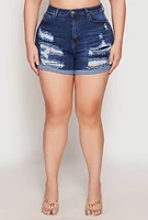Womens Plus WAX Distressed Denim Mom Shorts, Blue,