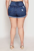 Womens Plus WAX Distressed Denim Mom Shorts, Blue,