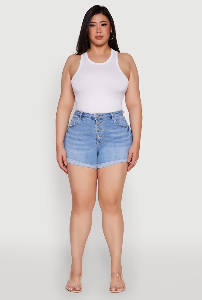 Womens Plus WAX High Waisted Denim Shorts with Fixed Cuffs, Blue,