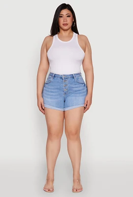Womens Plus WAX High Waisted Denim Shorts with Fixed Cuffs, Blue,