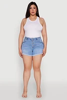 Womens Plus WAX High Waisted Denim Shorts with Fixed Cuffs, Blue,