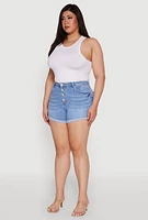 Womens Plus WAX High Waisted Denim Shorts with Fixed Cuffs, Blue,