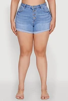 Womens Plus WAX High Waisted Denim Shorts with Fixed Cuffs, Blue,