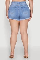 Womens Plus WAX High Waisted Denim Shorts with Fixed Cuffs, Blue,