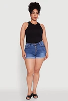 Womens Plus WAX High Waisted Denim Shorts with Fixed Cuffs, Blue,