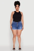 Womens Plus WAX High Waisted Denim Shorts with Fixed Cuffs, Blue,