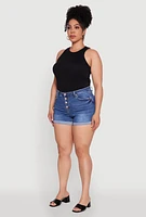 Womens Plus WAX High Waisted Denim Shorts with Fixed Cuffs, Blue,