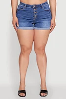 Womens Plus WAX High Waisted Denim Shorts with Fixed Cuffs, Blue,