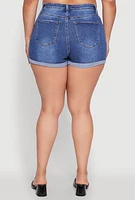 Womens Plus WAX High Waisted Denim Shorts with Fixed Cuffs, Blue,
