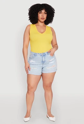 Womens Plus Size WAX Distressed Denim Cuffed Shorts, Blue, Size 2X