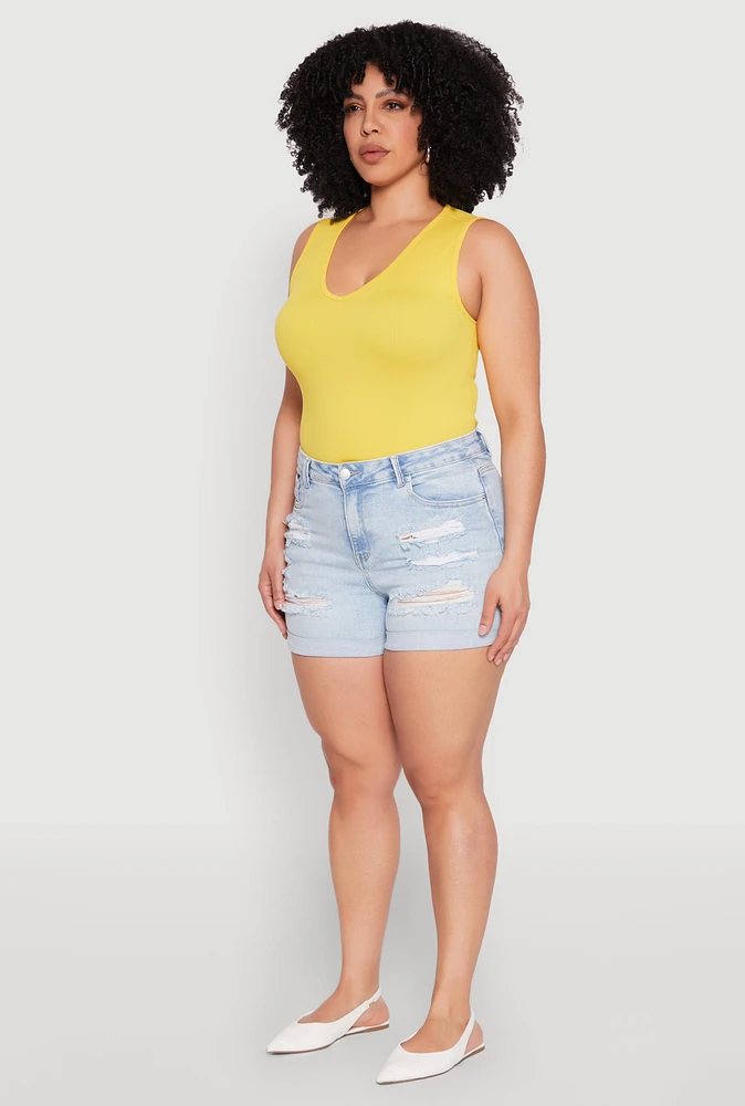 Womens Plus Size WAX Distressed Denim Cuffed Shorts, Blue, Size 3X