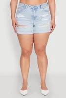 Womens Plus Size WAX Distressed Denim Cuffed Shorts, Blue, Size 2X