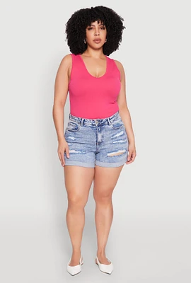 Womens Plus WAX Distressed Denim Cuffed Shorts, Blue,