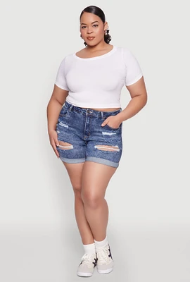 Womens Plus WAX Distressed Denim Cuffed Shorts, Blue,