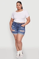 Womens Plus WAX Distressed Denim Cuffed Shorts, Blue,