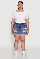 Womens Plus WAX Distressed Denim Cuffed Shorts, Blue,