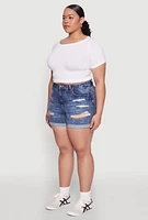 Womens Plus WAX Distressed Denim Cuffed Shorts, Blue,