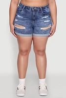Womens Plus WAX Distressed Denim Cuffed Shorts, Blue,