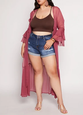 Womens Plus Size WAX Cuffed High Waist Distressed Denim Shorts, Blue, Size 2X
