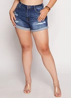Womens Plus Size WAX Cuffed High Waist Distressed Denim Shorts, Blue, Size 2X