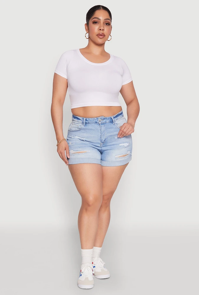 Womens Plus Size WAX High Waisted Distressed Shorts, Blue, Size 3X