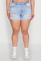 Womens Plus WAX High Waisted Distressed Shorts, Blue,