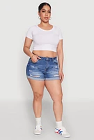 Womens Plus WAX High Waisted Distressed Shorts, Blue,