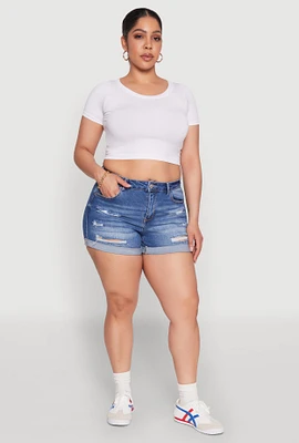Womens Plus Size WAX High Waisted Distressed Shorts, Blue, Size 1X