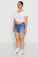 Womens Plus WAX High Waisted Distressed Shorts, Blue,