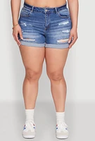 Womens Plus WAX High Waisted Distressed Shorts, Blue,
