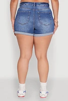 Womens Plus WAX High Waisted Distressed Shorts, Blue,