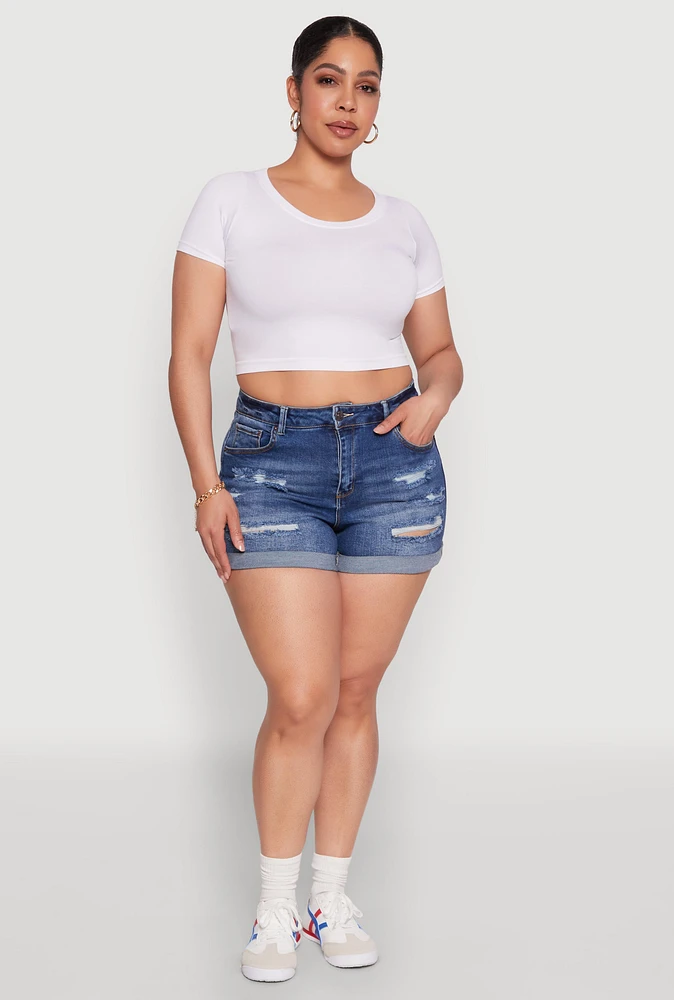 Womens Plus Size WAX High Waisted Distressed Shorts, Blue, Size 2X