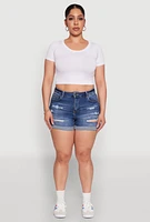 Womens Plus WAX High Waisted Distressed Shorts, Blue,