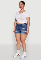 Womens Plus Size WAX High Waisted Distressed Shorts, Blue, Size 2X