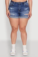 Womens Plus Size WAX High Waisted Distressed Shorts, Blue, Size 2X