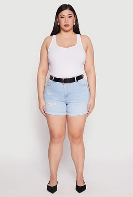 Womens Plus Size WAX Whiskered Distressed Denim Shorts, Blue, Size 1X