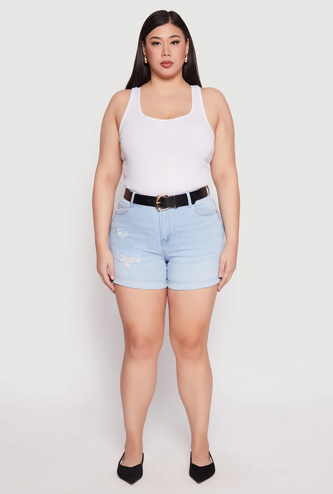 Womens Plus Size WAX Whiskered Distressed Denim Shorts, Blue, Size 2X
