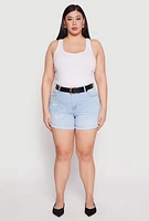 Womens Plus Size WAX Whiskered Distressed Denim Shorts, Blue, Size 2X