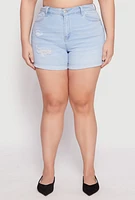 Womens Plus Size WAX Whiskered Distressed Denim Shorts, Blue, Size 2X